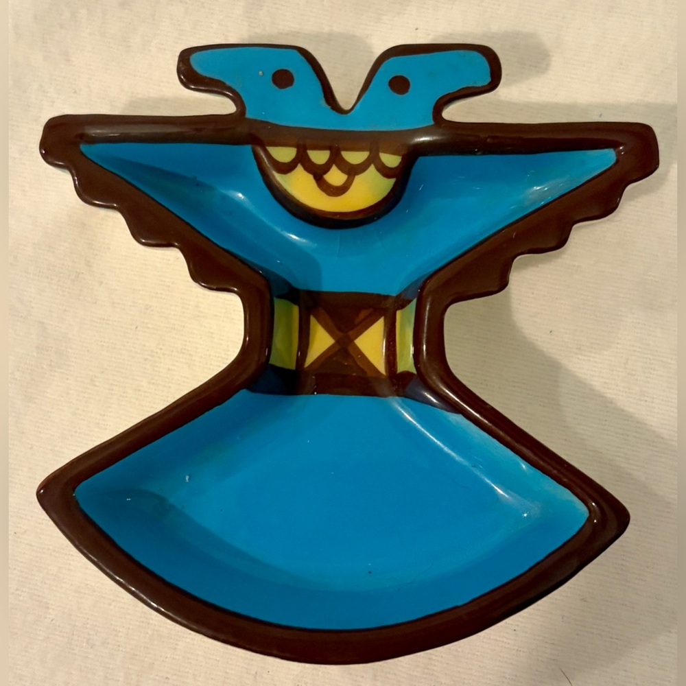 Sims Thunderbird Trinket Dish Catchall Two Headed Turquoise USA Pottery